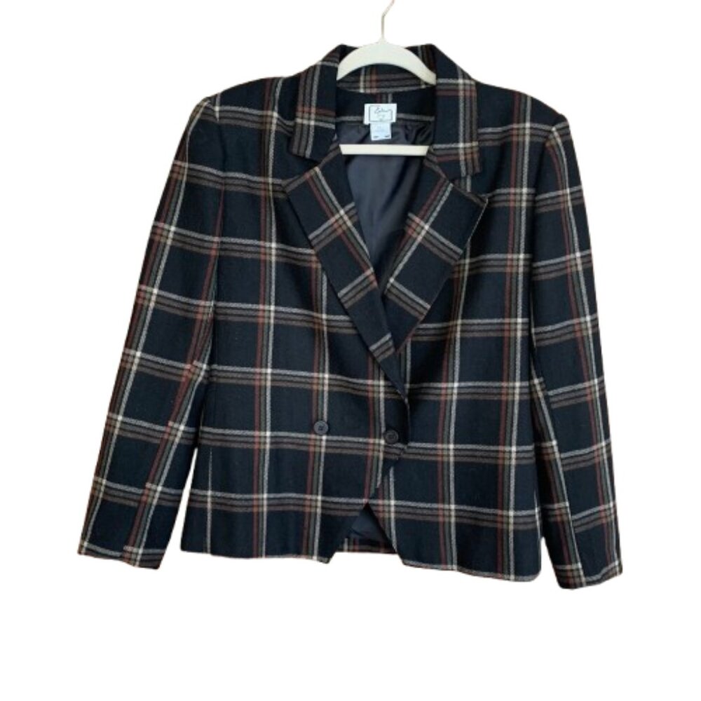 NWT Vintage EVA Women's Plaid Button Front 7/8 Wool Blend USA Blazer Jacket